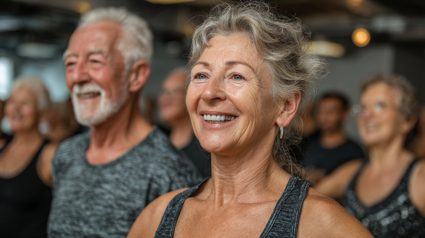 Група людей старшого віку займається фітнесом у затишному залі